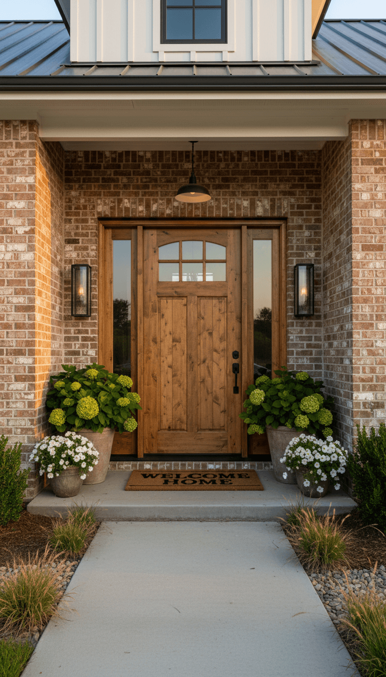 New rustic wood front door on a modern farmhouse exterior