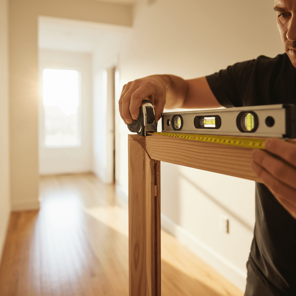 Contractor installing a door frame with a level