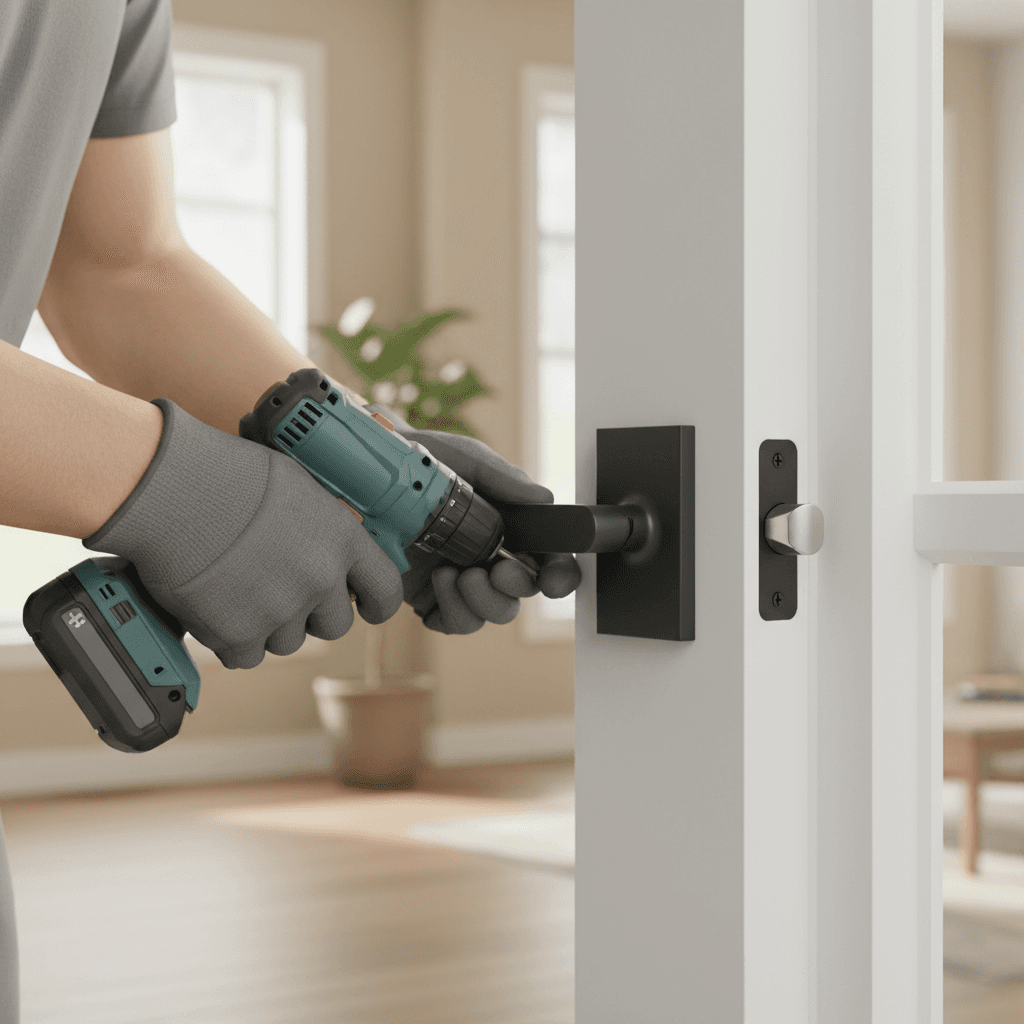 New prehung door being fitted in a bright residential hallway